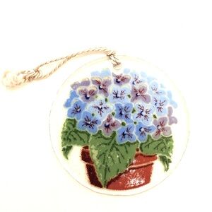 Peggy Karr 3.25" Round Ornament/Suncatcher Potted Blue Flowers ~ Signed